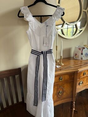 Vineyard Vines White Maxi Dress with Navy Stripe Tie
